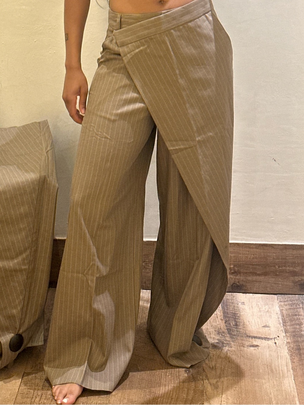 Wide Leg Pinstripe Wrap Pants in Taupe